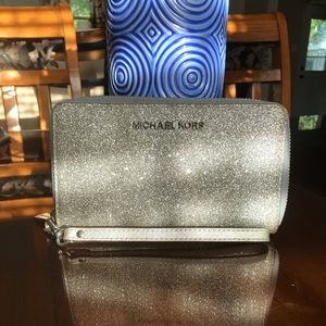 Silver glitter Michael Kors large smartphone wristlet